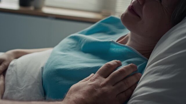 Mature Caucasian female patient lying in hospital bed smiling while receiving comforting touch on shoulder from partner. Perfect for healthcare advertising and medical insurance campaigns