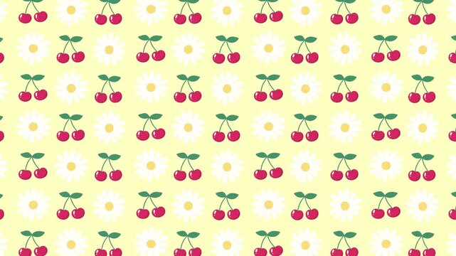 Seamless animated pattern of cherries and daisies moving to the left