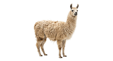 Shaggy cream-colored llama standing in full view against a solid black background © Ophelia