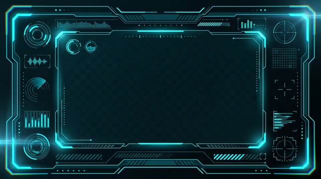 Futuristic cybernetic digital interface with glowing cyan holographic data screens and targeting elements