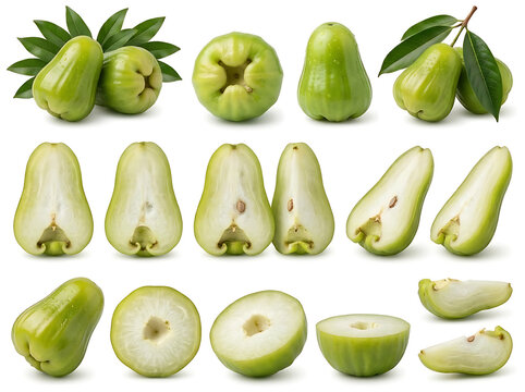 Fresh Green Rose Apple (Water Apple) Set - Whole, Half, Sliced, and Pieces Isolated on White Background
