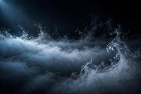 Spooky ground fog rolling over black void in moonlit blue mist, Halloween compositing overlay element with copy space