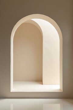 Estructura de nicho editorial con una forma de arco hueco prominente, construida a partir de un material neutro