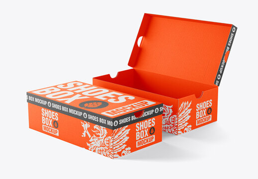 Corrugated Shoe Box Packaging Mockup with Open Lid