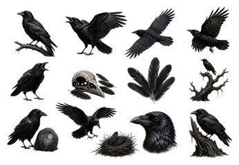 Naklejka premium PNG Black raven illustration set with feathers, nest, skull
