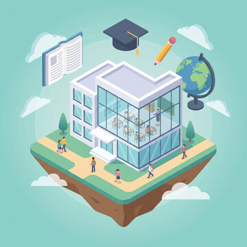 Isometric School Building with Students, Graduation Cap, Book, and Globe
