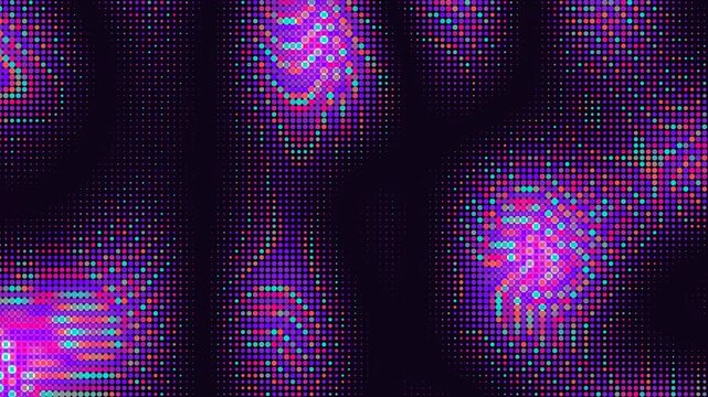 Halftone dot gradients in cyan, purple, and coral red flow smoothly across a dark backdrop in a seamless loop 3D motion background