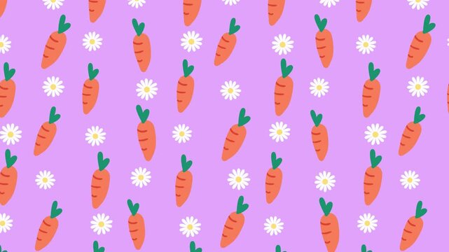 Seamless looping background pattern with animated carrots and daisies