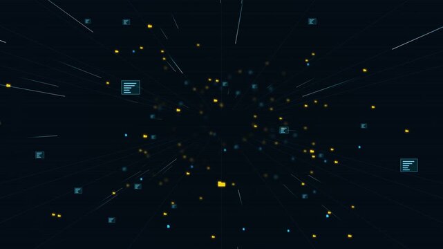 Digital data stream background with flying files and folders, abstract cloud storage animation, corporate technology network motion graphics