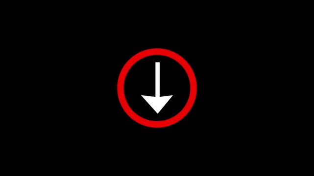 White down arrow inside a red circular glowing icon on a black background, download direction symbol motion graphics video.