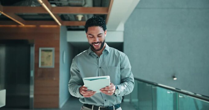 Happy, businessman and walking with tablet in building hallway for career insight or business vision. Man, employee or smile with technology in office corridor for company ambition or perception