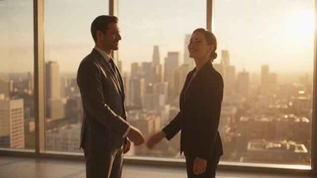 Business handshake against a sunset skyline &mdash; 4K video
