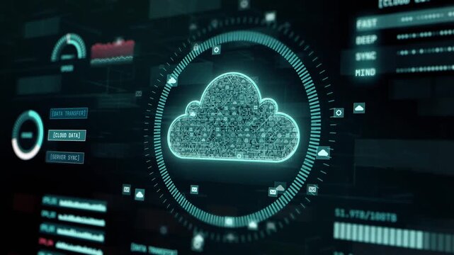 cloud monitoring hud visualizes connected data networks, ideal for technology presentations, cybersecurity campaigns, saas promotions, dashboards, and futuristic digital backgrounds.