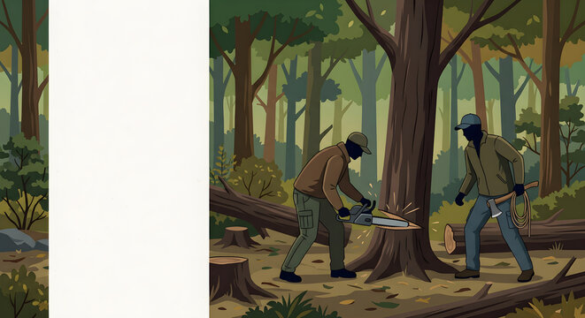 Worker Cutting Down a Tree in a Dense Forest