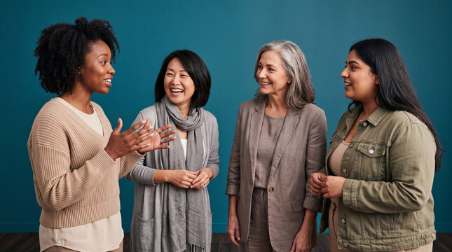 Candid diverse women talking on teal background