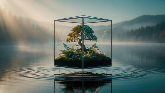 Glass cube holding miniature bonsai tree floating calmly on rippled lake surface surrounded by misty forest.