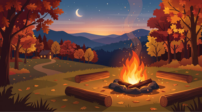 Campfire pit with log seats and rustic cabin in autumn mountain landscape