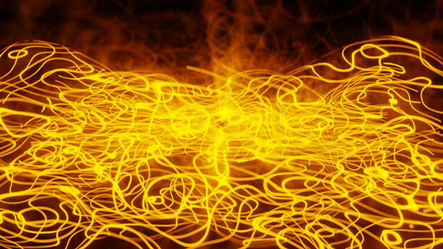 Abstract dark 3D background with chaotic glowing yellow neon wireframe lines