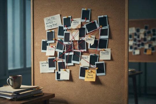 Detectives corkboard with photos, notes, and red string connecting clues for a missing person case