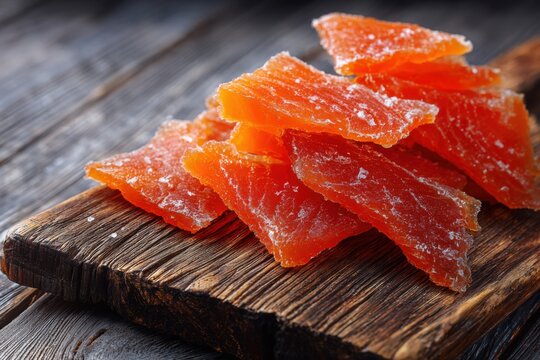 Glazed salmon medallions arranged on a weathered serving board, showcasing their glossy finish and rich caramelized edges