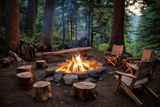Glowing firepit surrounded by rustic log seats and portable chairs beneath a quiet evening sky