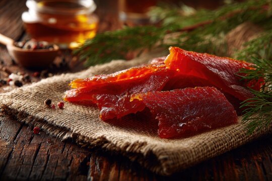 Glazed salmon slices arranged on soft linen, showcasing their caramelized finish and delicate texture in a refined food still life