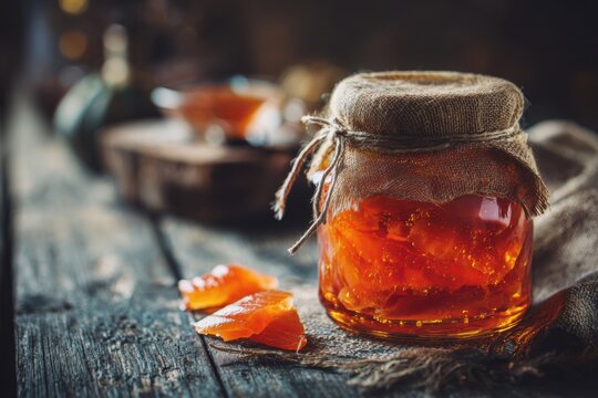 Sweet-glazed salmon preserved in a jar, showcasing rich caramel tones and artisanal preparation