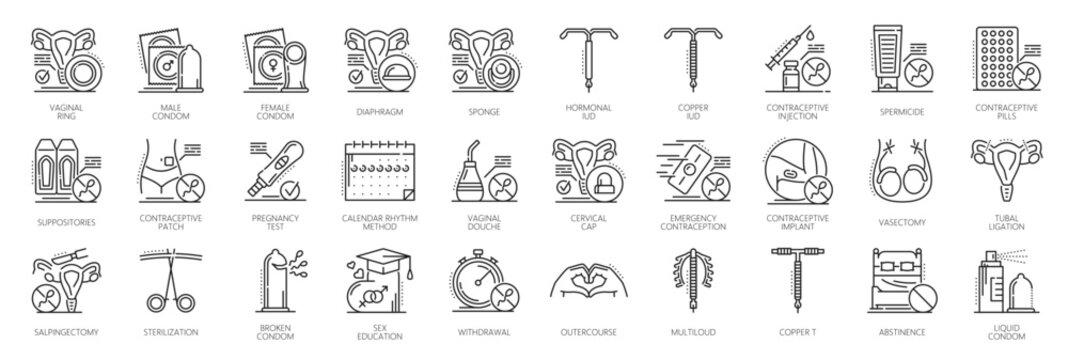 Contraception and birth control methods icons with vector line condoms, IUD and implant, vaginal ring, patch and pills. Male and female contraception calendar rhythm method, injection and vasectomy