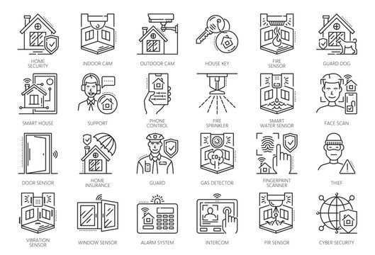 Home security icons of house protection and smart guard control, vector line pictograms. Home security icons of safety technology, CCTV cameras for secure video surveillance and sensor detectors