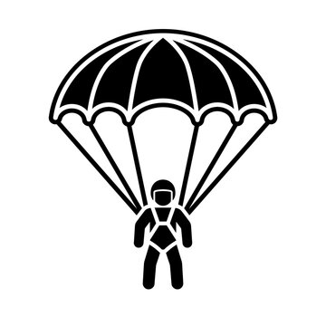 Skydiver descending with an open parachute, black silhouette icon representing extreme sport, adventure, and freedom