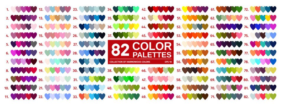 Vibrant and neutral rgb color paint palette swatches chart. Soft, cool and warm balanced, pastel or neon harmony colours. Vector collection of gradient shades and tones for interior guide catalog