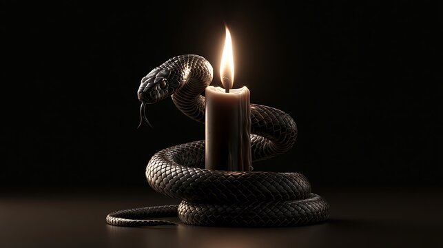 Mysterious Black Snake Coiled Around a Burning Wax Candle in Dark Atmosphere