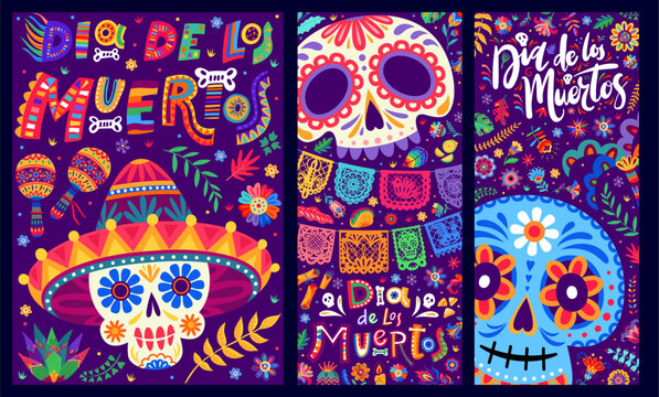 Day of the Dead Dia de los Muertos Mexican holiday banners with sugar calavera skulls. Vector festive posters with sombrero, maracas, papel picado and flowers celebrating traditional Mexico Carnival