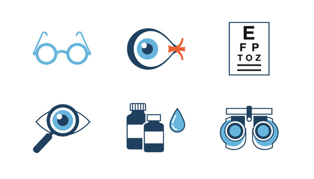 Optometry and vision care icons set including glasses, eye, vision test chart, magnifying glass, eye drops, and phoropter for eye examinations.