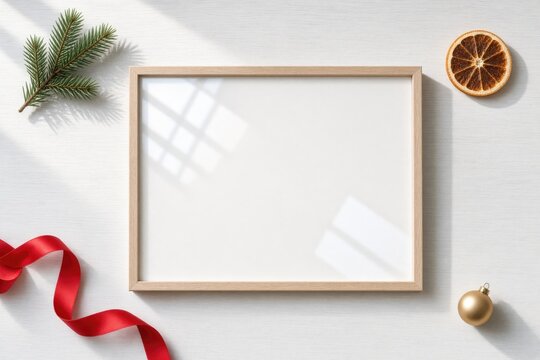 Wooden frame on light surface surrounded by red ribbon, pine sprig, and orange slice