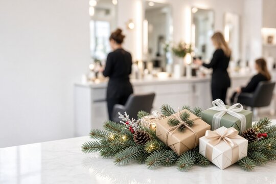 Gift boxes adorned with pine branches and lights in elegant salon setting