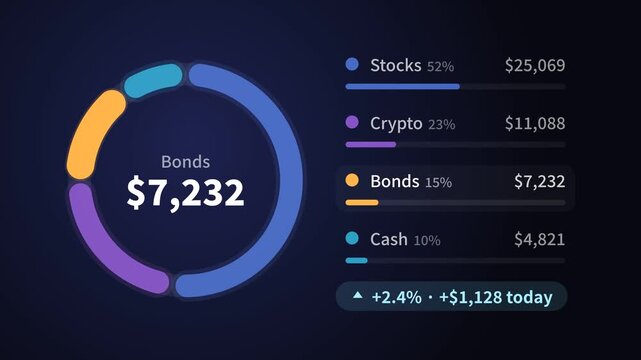 Financial portfolio donut chart with asset breakdown percentages for corporate business dashboards and video editing