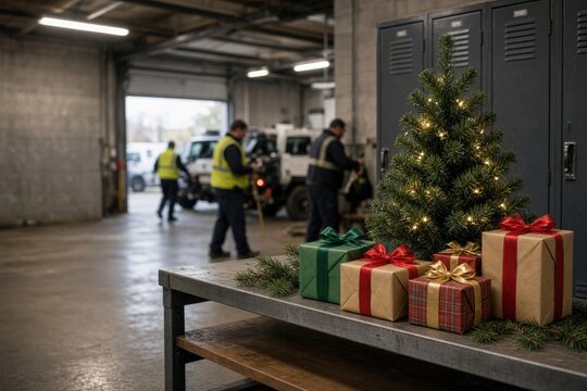 Decorated table with holiday gifts and illuminated pine tree in warehouse
