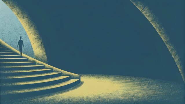 Curving stone staircase winding upward toward glowing daylight portal. Personal growth and career transition. Solitary person walking up architectural stairs