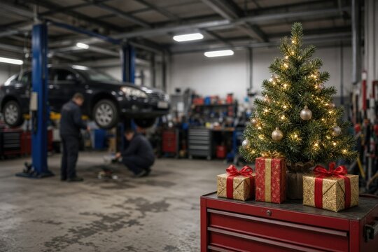 Small christmas tree with gold ornaments and wrapped gifts in automotive workshop