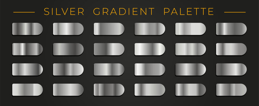 Silver metal gradient gradation palette swatches chart, grey steel foil background, chrome tone metal shades. Vector set of rounded blank buttons with shiny texture, light reflection and glossy effect