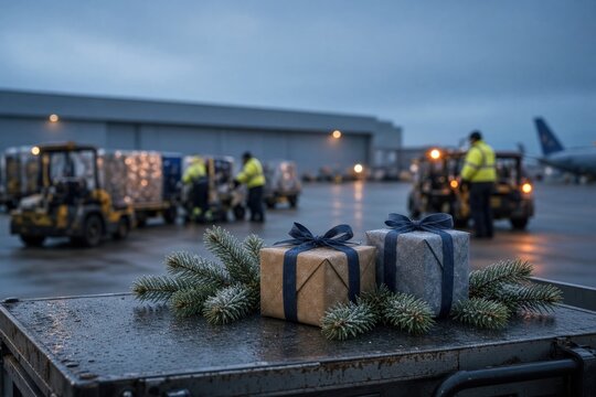 Wrapped gifts with pine branches on industrial loading dock during winter evening