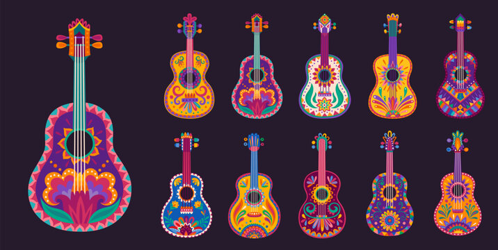 Musical Mexican guitars. Vector set of guitar and ukulele instrument elements with bright floral and geometric folk patterns, isolated festive Latin music symbols for Carnival holiday celebration