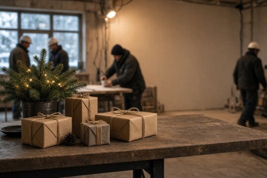 Three beautifully wrapped gifts with pine tree on rustic table in construction space