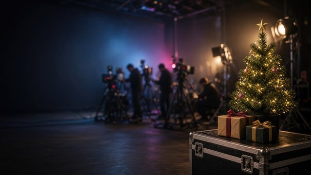 Mini Christmas tree with shining ornaments and gift boxes in studio setting