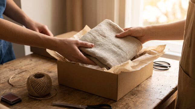 Hands wrapping a fabric item in a cardboard box at a wooden worktable. Gift preparation and thoughtful presentation. Small business packaging and handmade goods. Sustainable wrapping