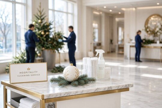 Hospitality cleaning service items with decorated Christmas tree in bright lobby