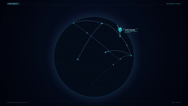 Futuristic digital interface displaying a glowing holographic globe with interconnected arc trajectories and a highlighted target point in glowing cyan light against a dark gridded background.