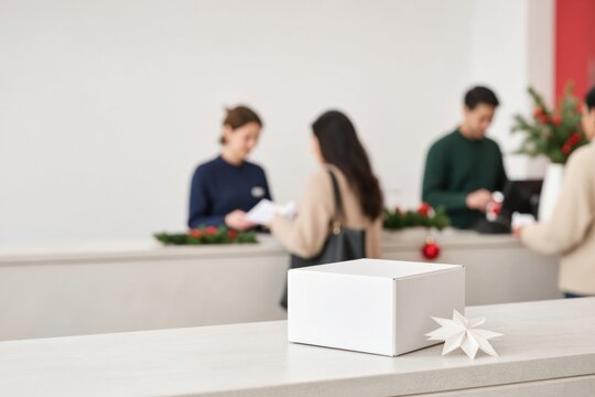 White gift box with paper star decoration on counter in festive reception area