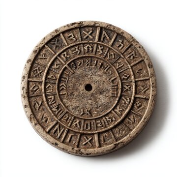 Ancient Cipher Disc: A mysterious, weathered stone disc inscribed with concentric circles of ancient, unknown symbols and characters, hinting at lost knowledge and forgotten languages.